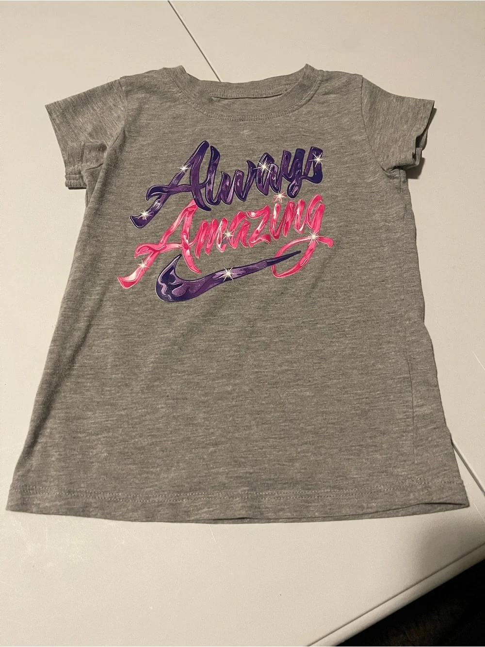 Nike Girls' Gray Tee with Purple and Pink 'Always Amazing' Graphic